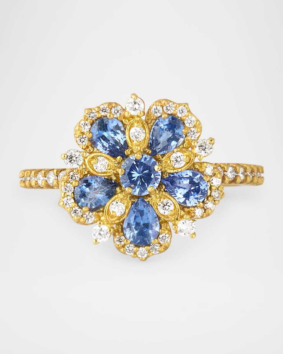 18K Yellow Gold Jasmine Bloom Diamond and Blue Sapphire Statement Ring